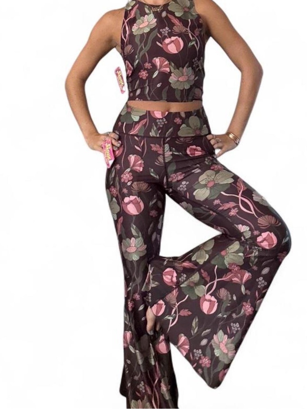 Yoga Democracy Floral Crop Top & Bellbottom Pants Set Size M